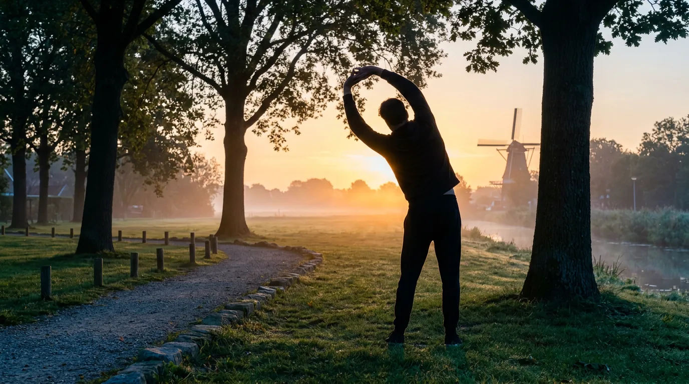 Silhouet van een man die ochtendwandeling maakt in een park bij zonsopgang